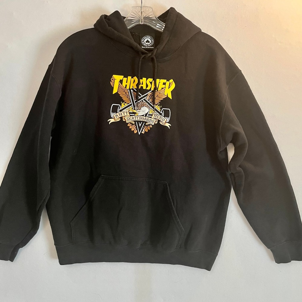 Thrasher x Anti Hero Skateboards Hoodie Mens Medium Black Graphic Sweatshirt